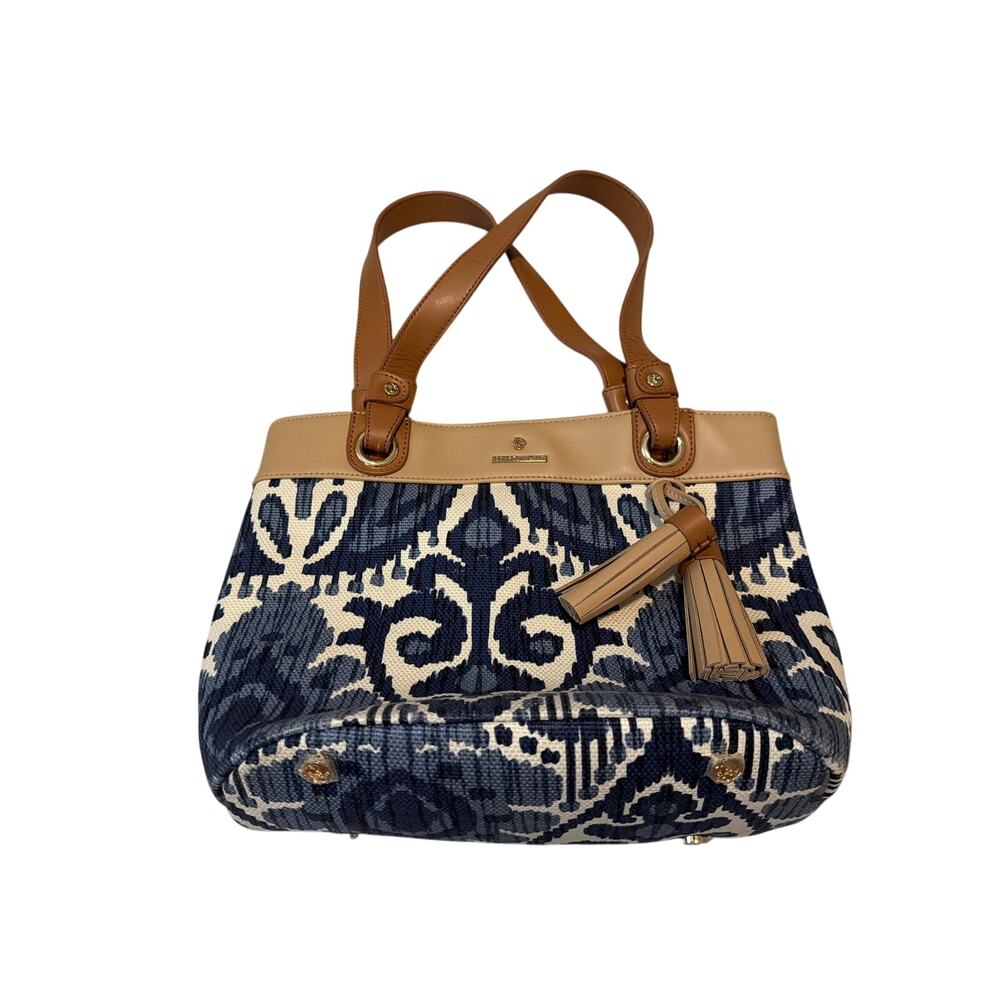 Spartina 449 "Moonglade" Island Tote Bag | Blue Linen & Tan Leather Boho Purse